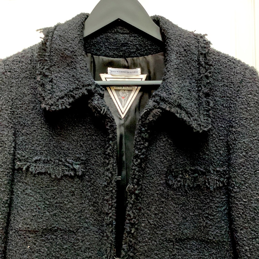 🖤RARE Marvin Richards Black Wool Tweed Boucle Coat w/Fringe Fray Edge Hem Coco